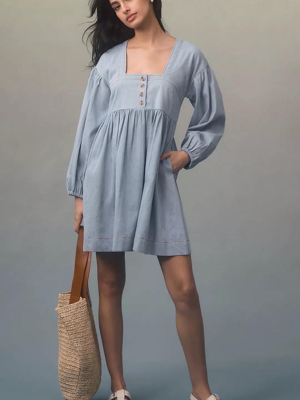 By Anthropologie Long-Sleeve Square-Neck Denim Babydoll Mini Dress - Picture 1 of 5